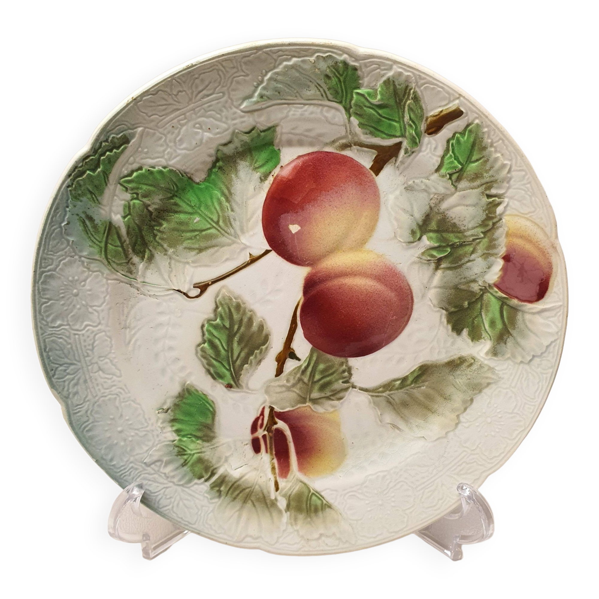 Decorative Plate Barbotine St Clément Made In France Vintage Peach Fruit Pattern