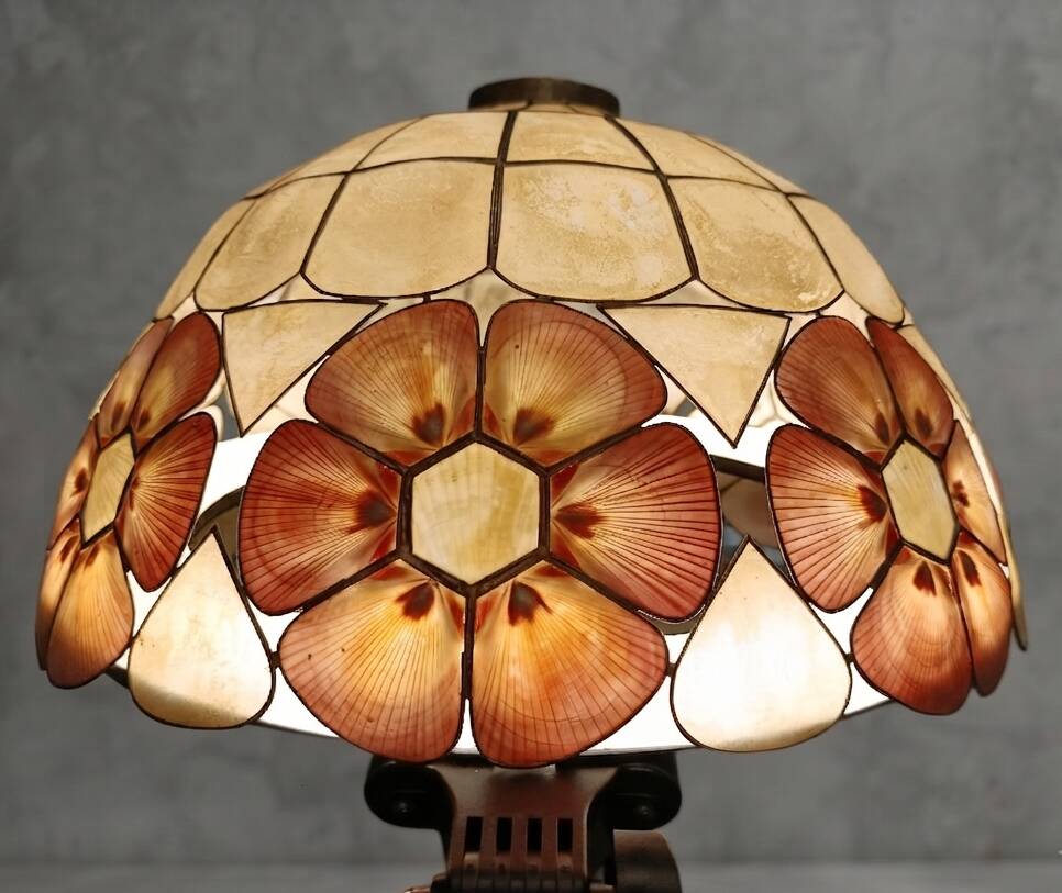 Large Art Deco style chandelier in Capiz shells and brass, 1960s.