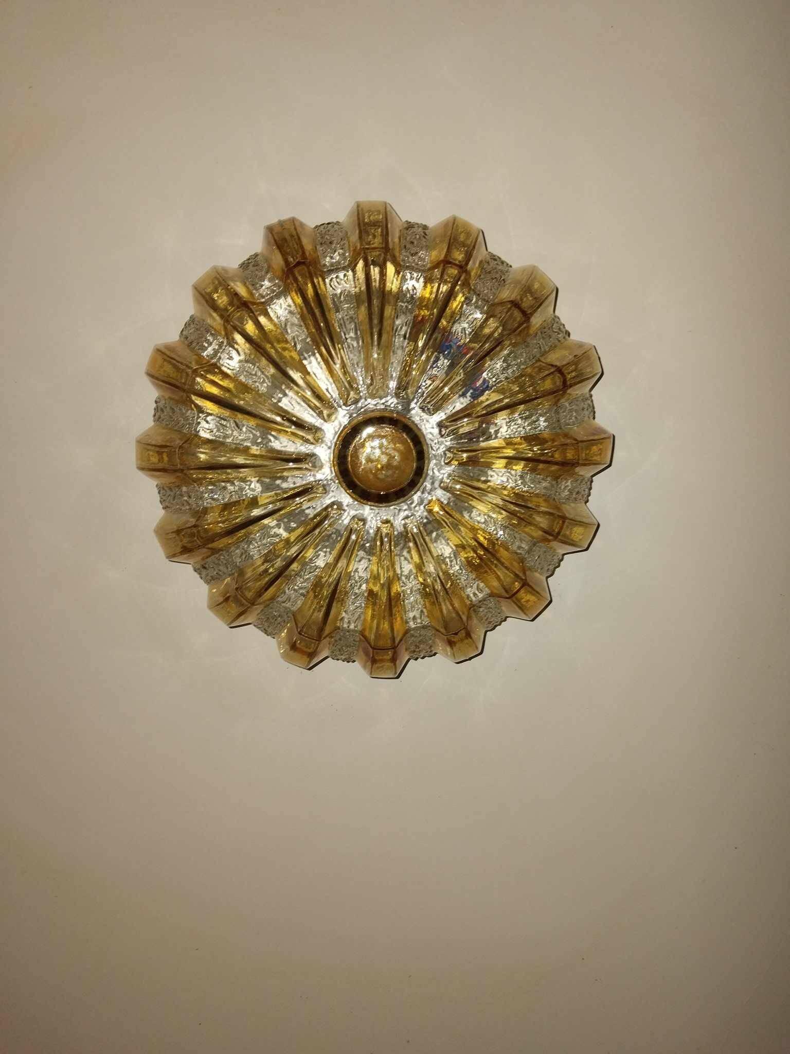 70s round ceiling light in pressed molded glass
