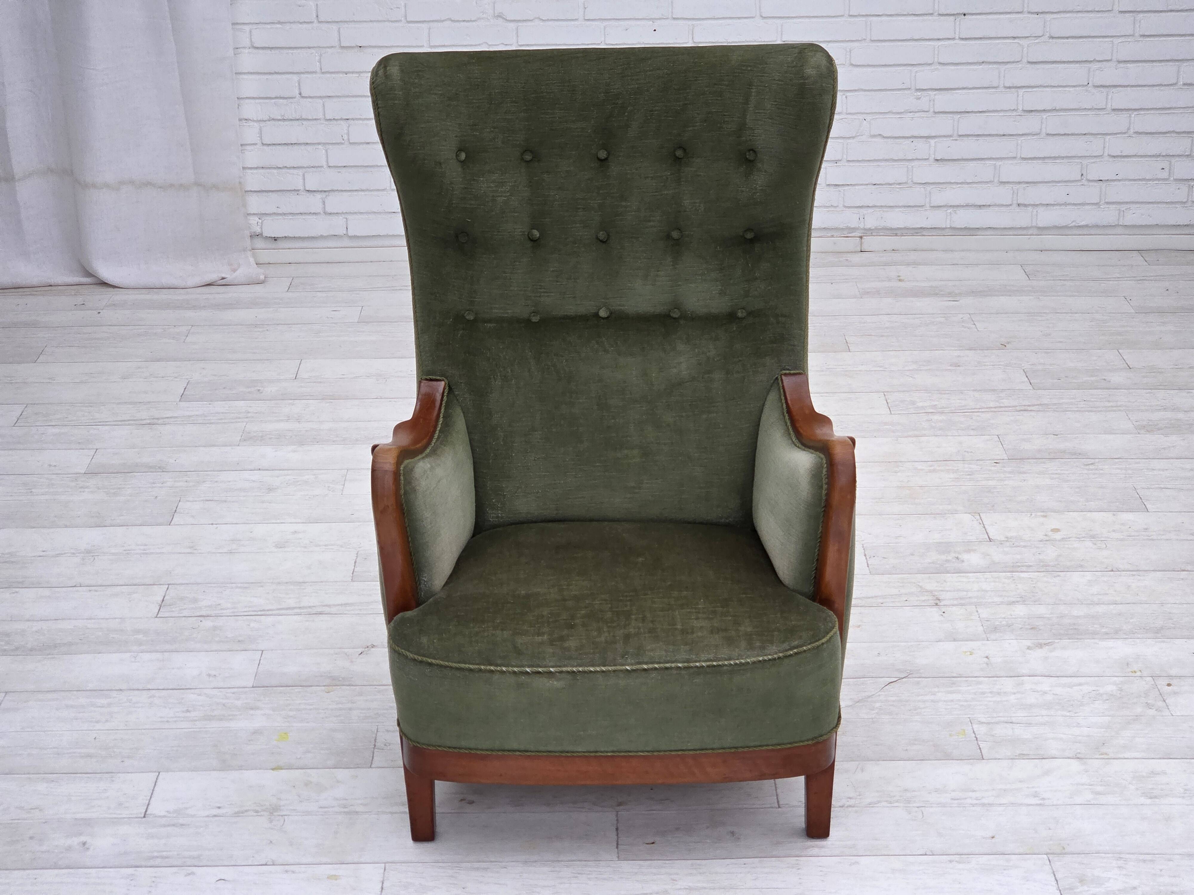 1960s, Danish highback armchair, green furniture velour, teak wood.