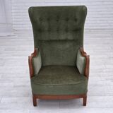 1960s, Danish highback armchair, green furniture velour, teak wood.