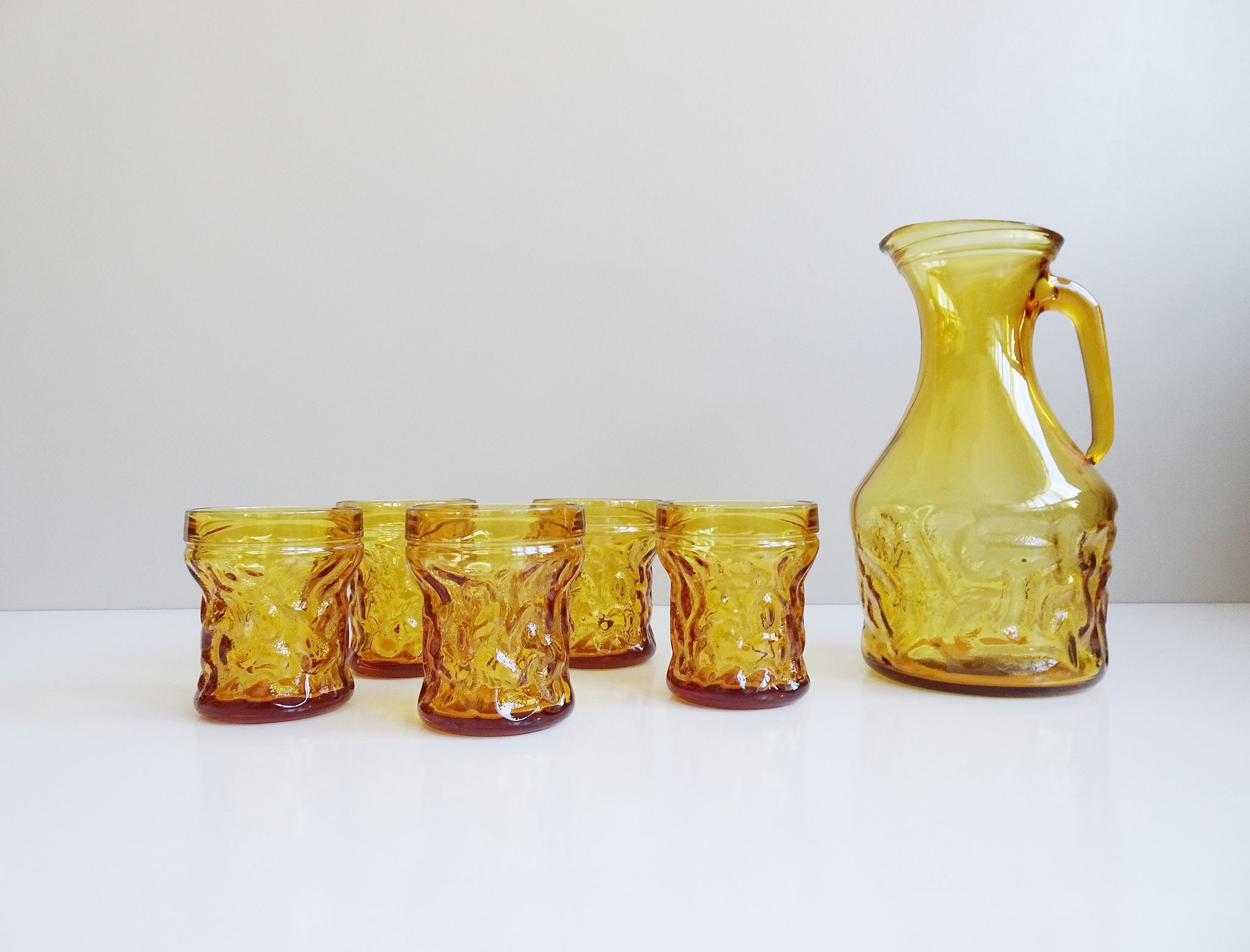 Amber glasses with carafe, italian drinking set 70s