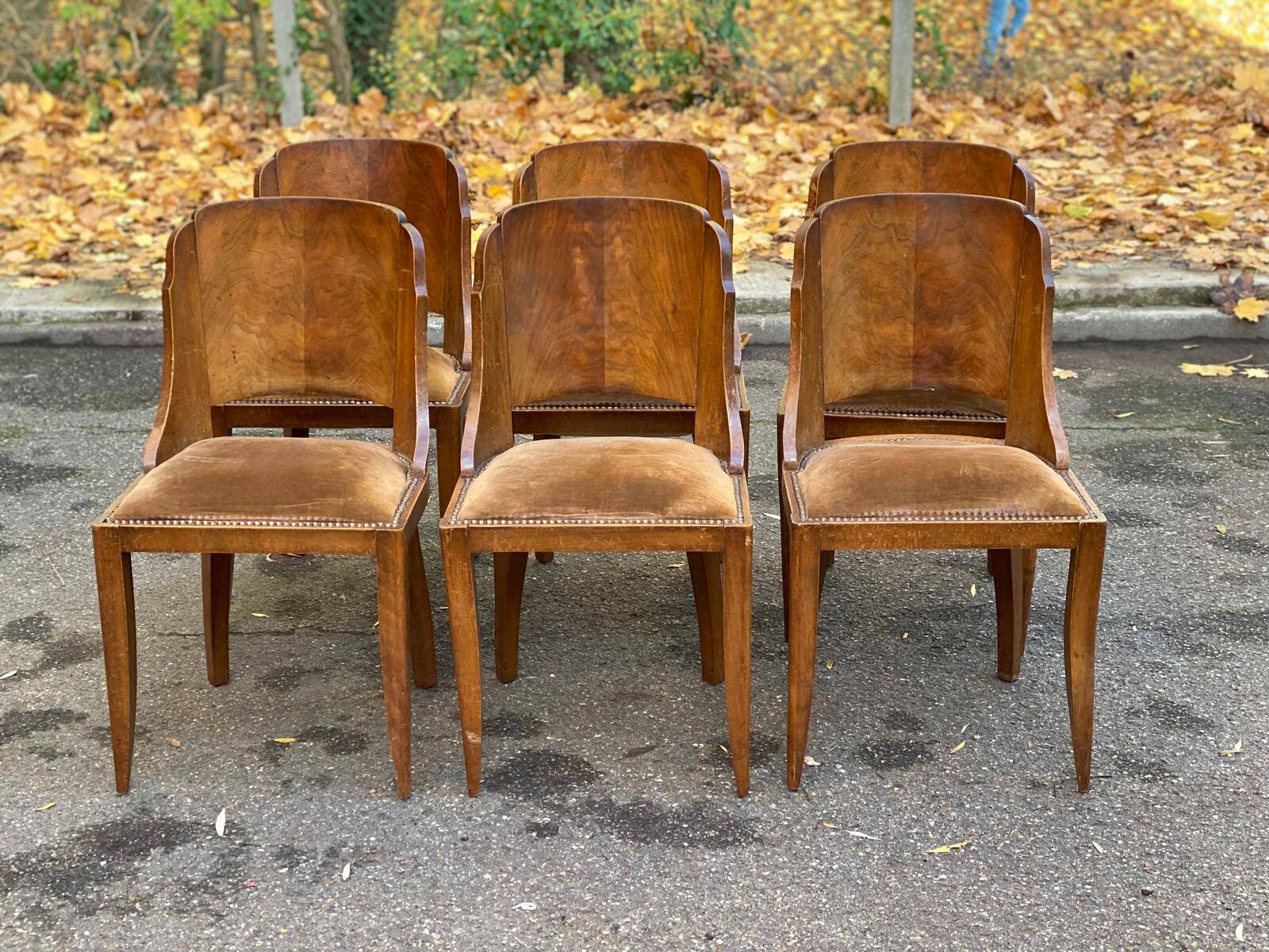 6 Art Deco gondola chairs in solid wood and brown suede