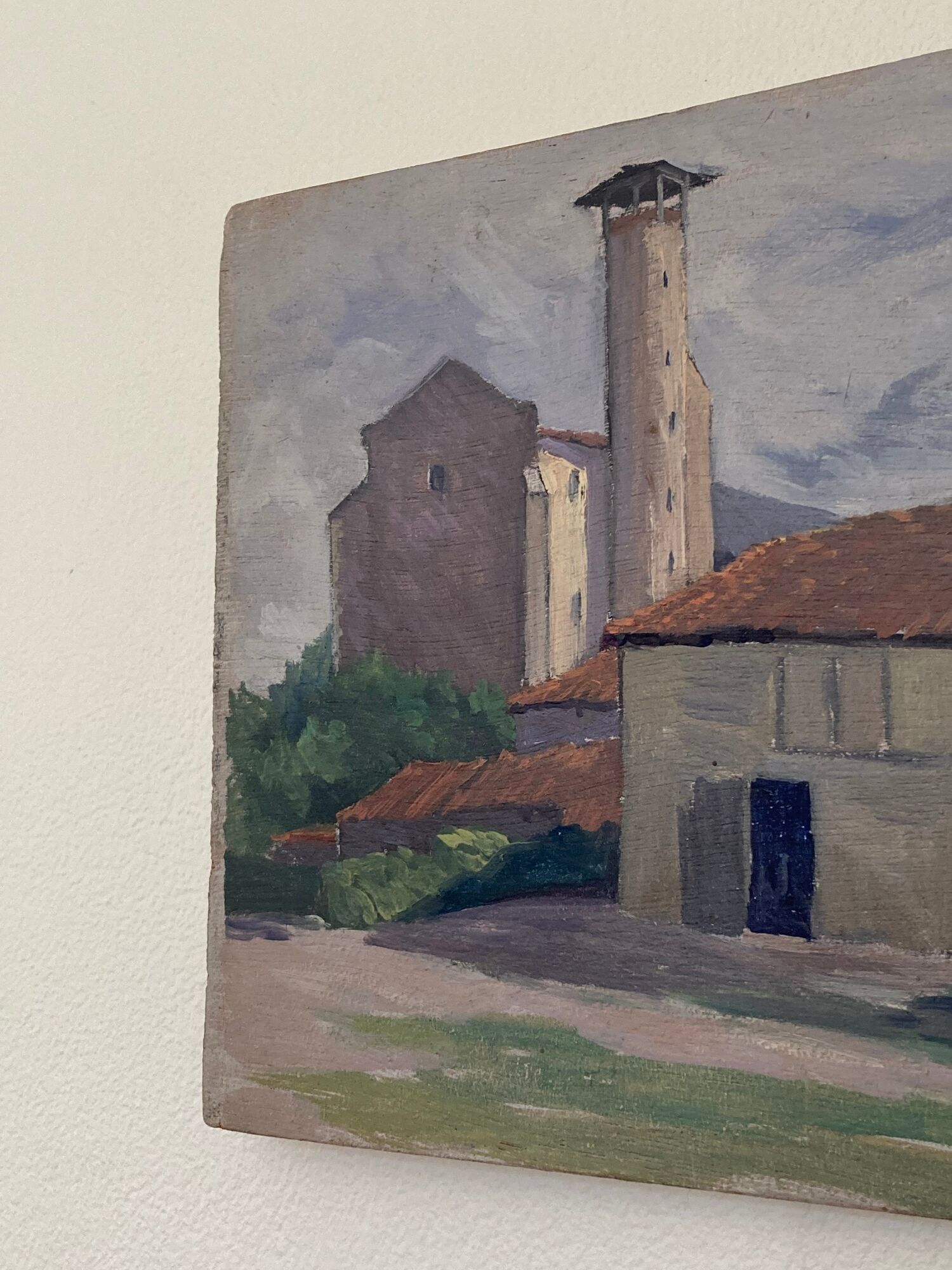 Oil on vintage wood panel / painting representing a village in the Landes