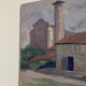 Oil on vintage wood panel / painting representing a village in the Landes