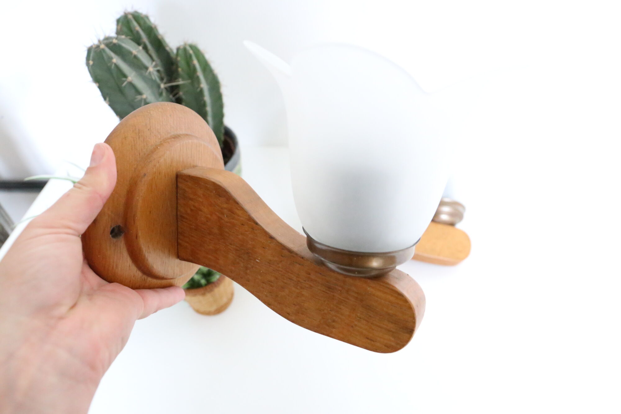 Duo of wooden appliques and tulip globe in scrambled glass, based on brass