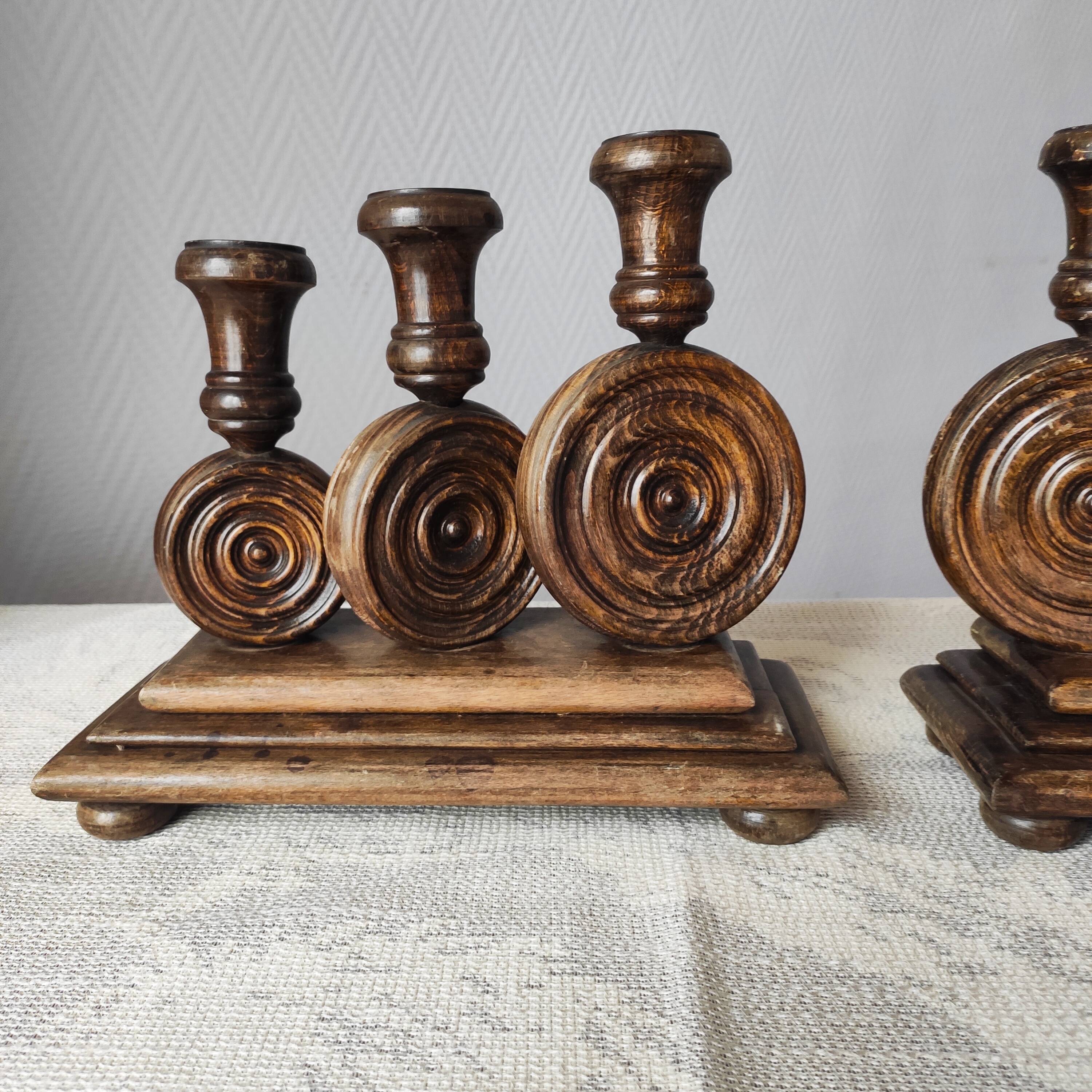Brutalist turned wood candlestick holders – vintage 50s-60s