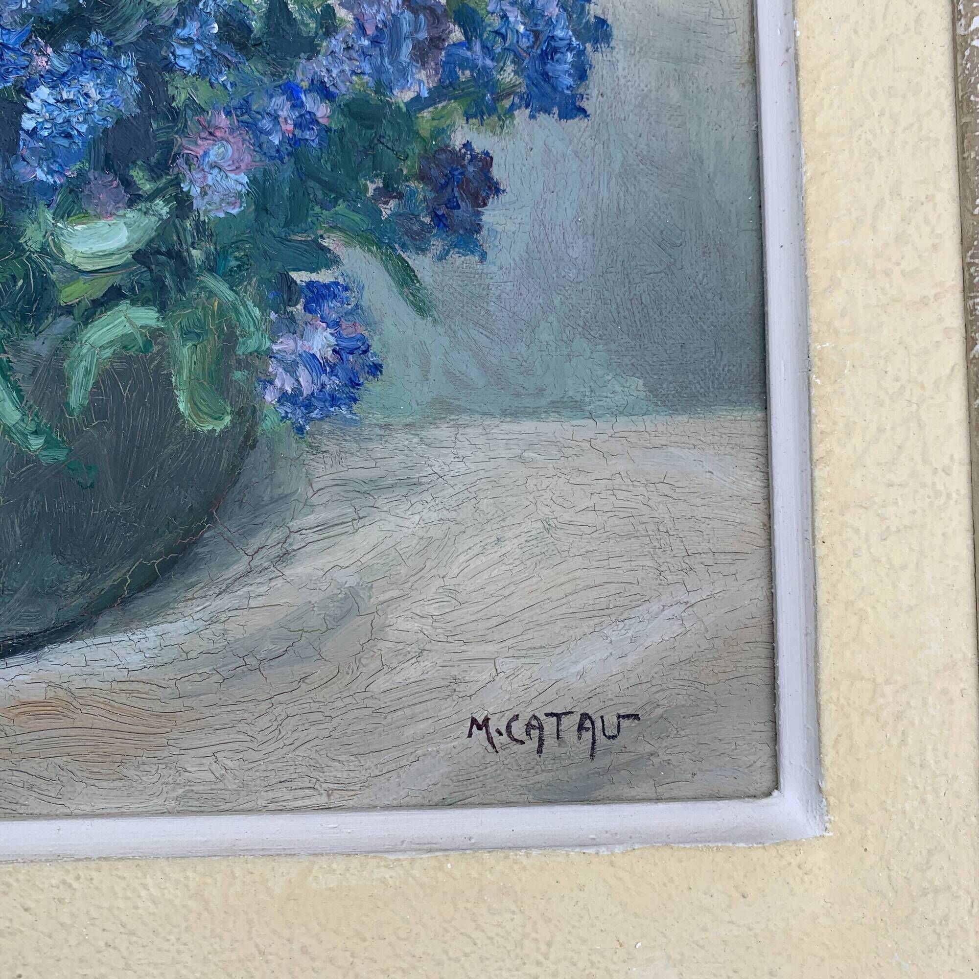 Table Painting on cardboard still life bouquet Maurice Catau Nancy 1954