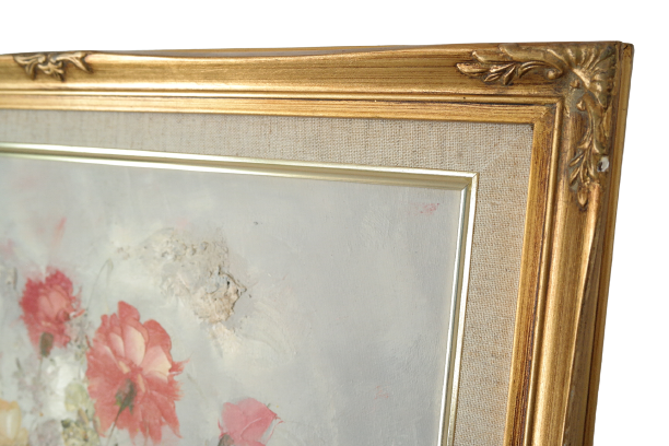 Tableau of a bouquet of flowers in pastel tones signed by Frederick.