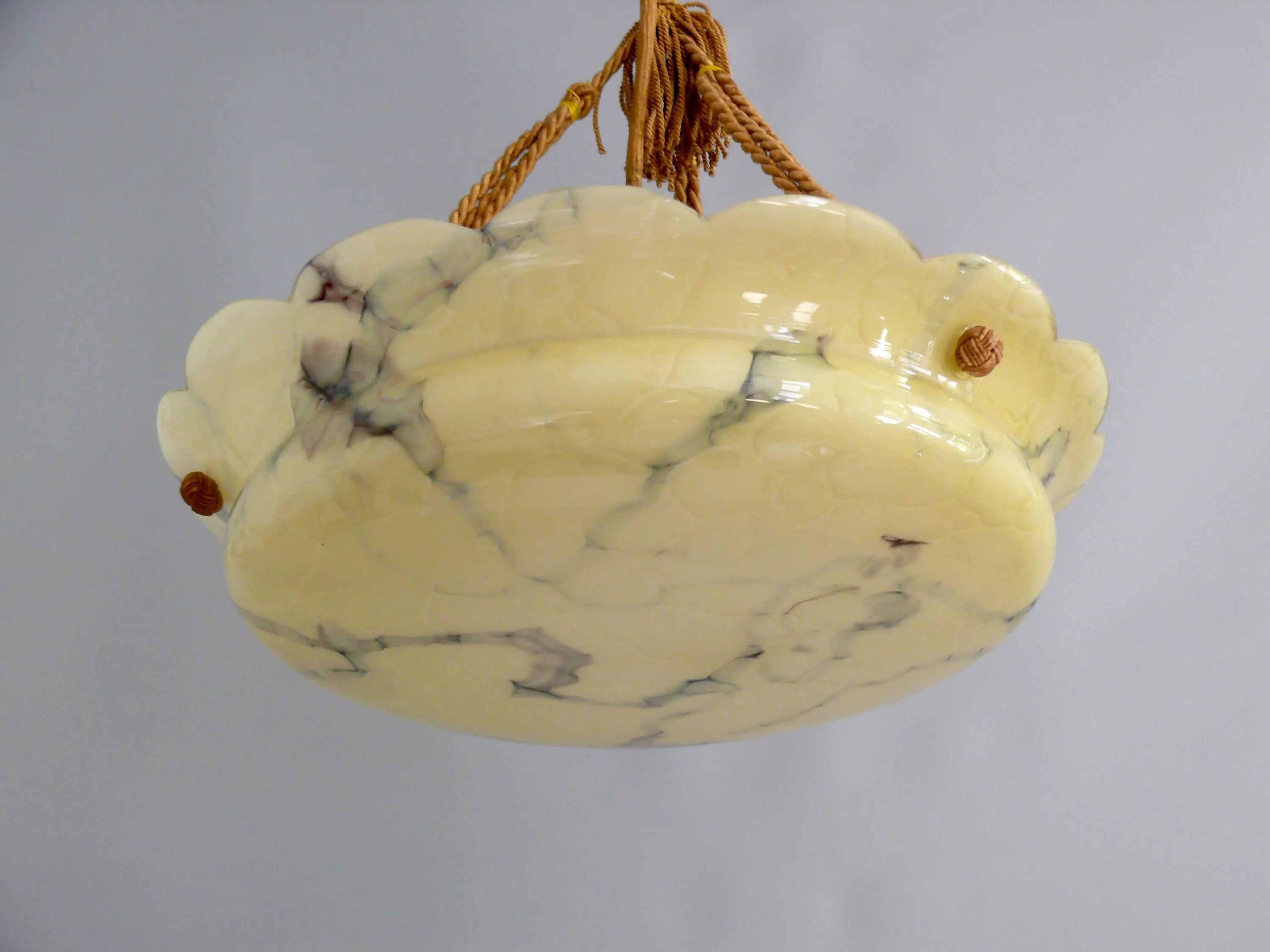 Large Art Deco pendant light in marbled glass with rope suspension, 1920s-1930s