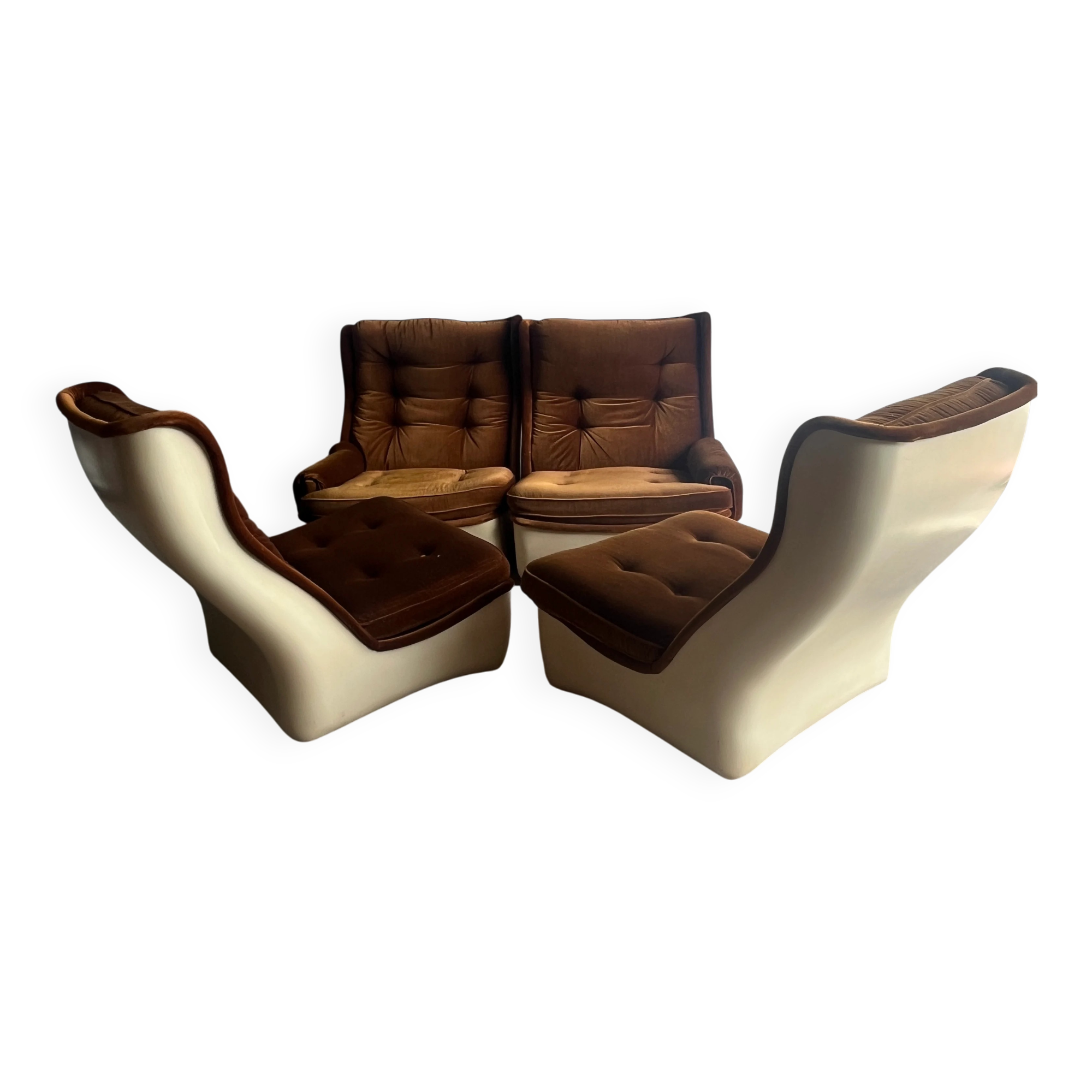 Canapé modulable 4 places Airborne années 1970 — Coussins en velours marron et coque en ABS crème