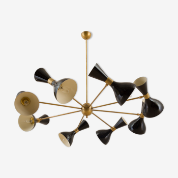8 arms Italian chandelier with diabolo shades in Stilnovo style