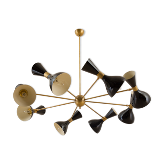 8 arms Italian chandelier with diabolo shades in Stilnovo style