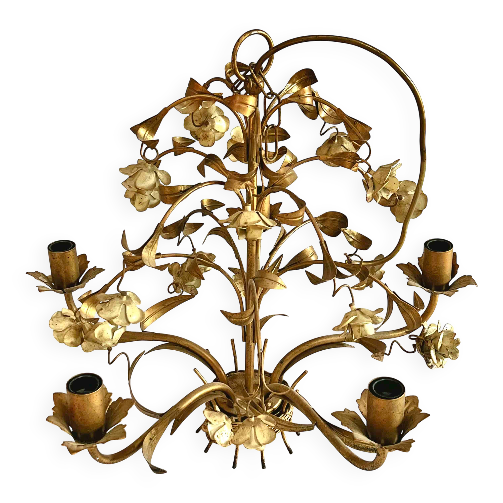 Italian golden metal chandelier with floral decoration, six lights, 1950s-60s.