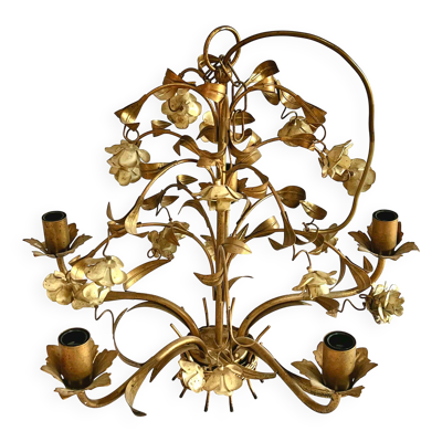 Lustre italien en tôle dorée à décor floral, six feux, années 1950-60