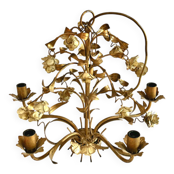 Lustre italien en tôle dorée à décor floral, six feux, années 1950-60