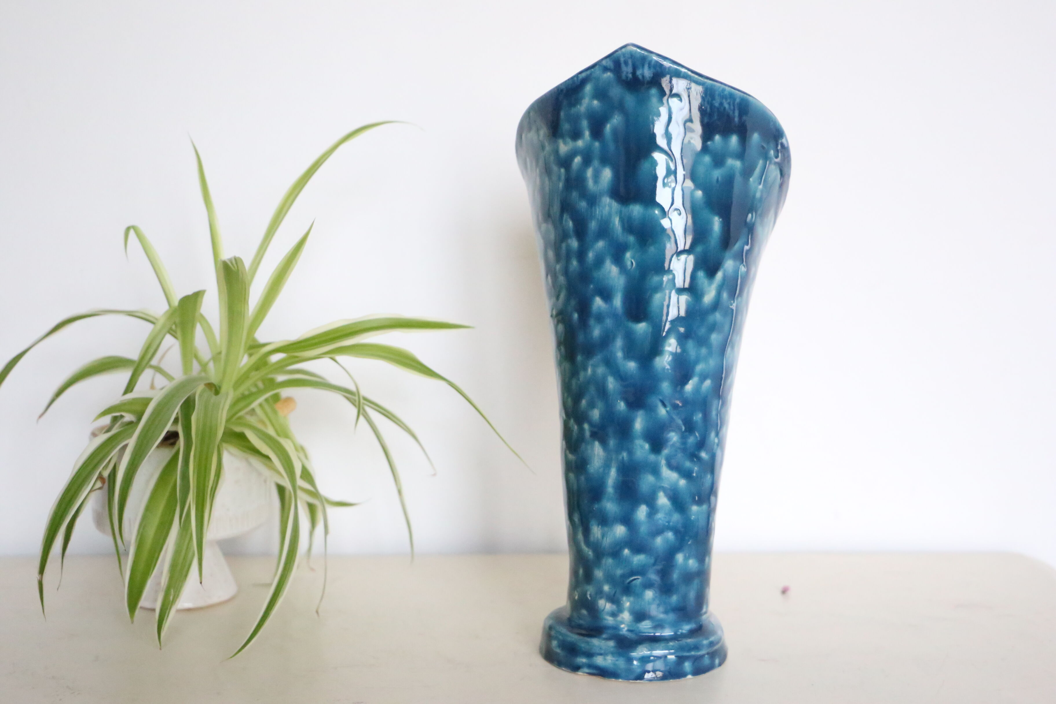 Handmade ceramic vase, glazed blue and yellow, vintage