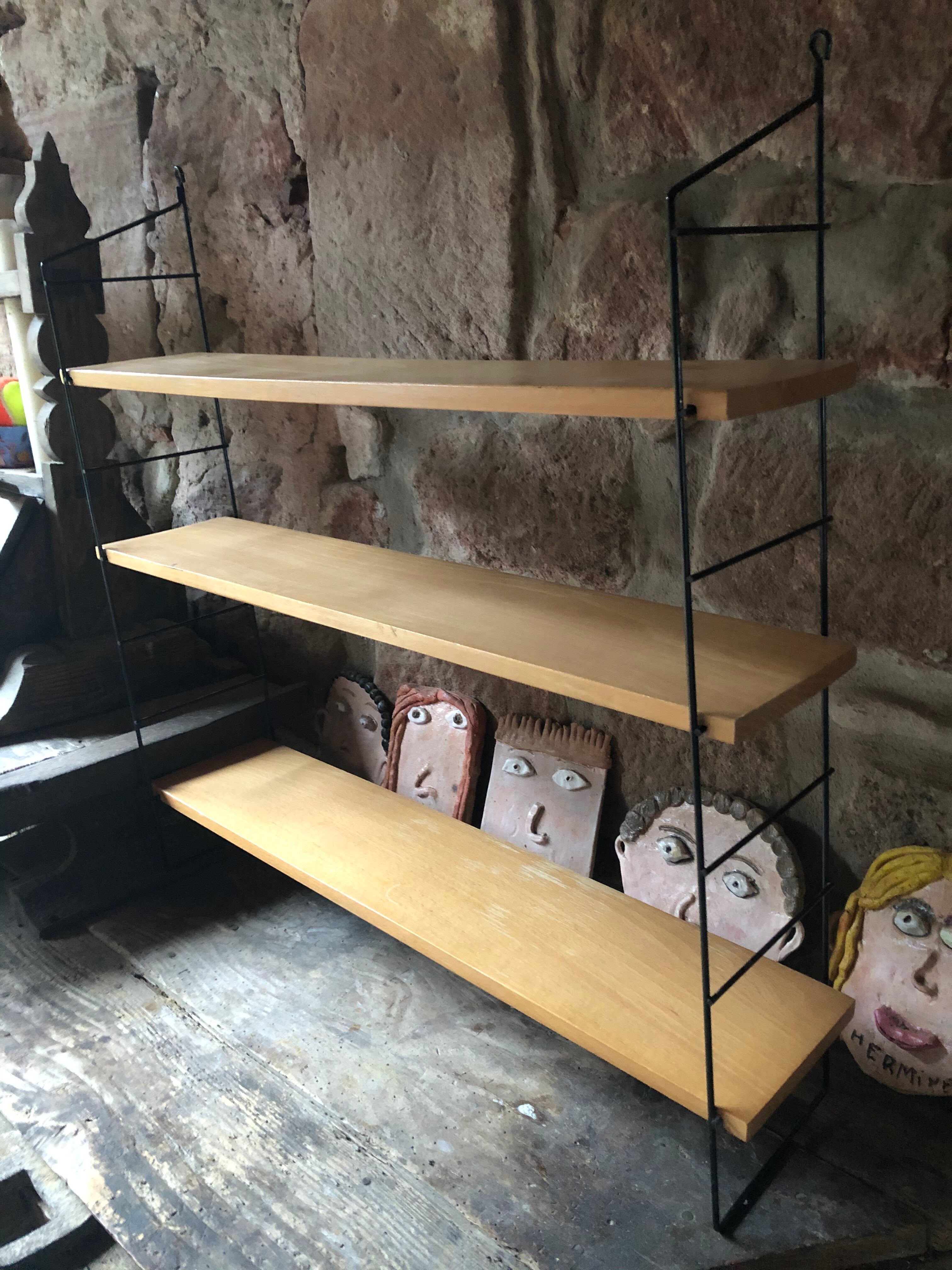 Wall shelf String lacquered metal black and light wood 1960