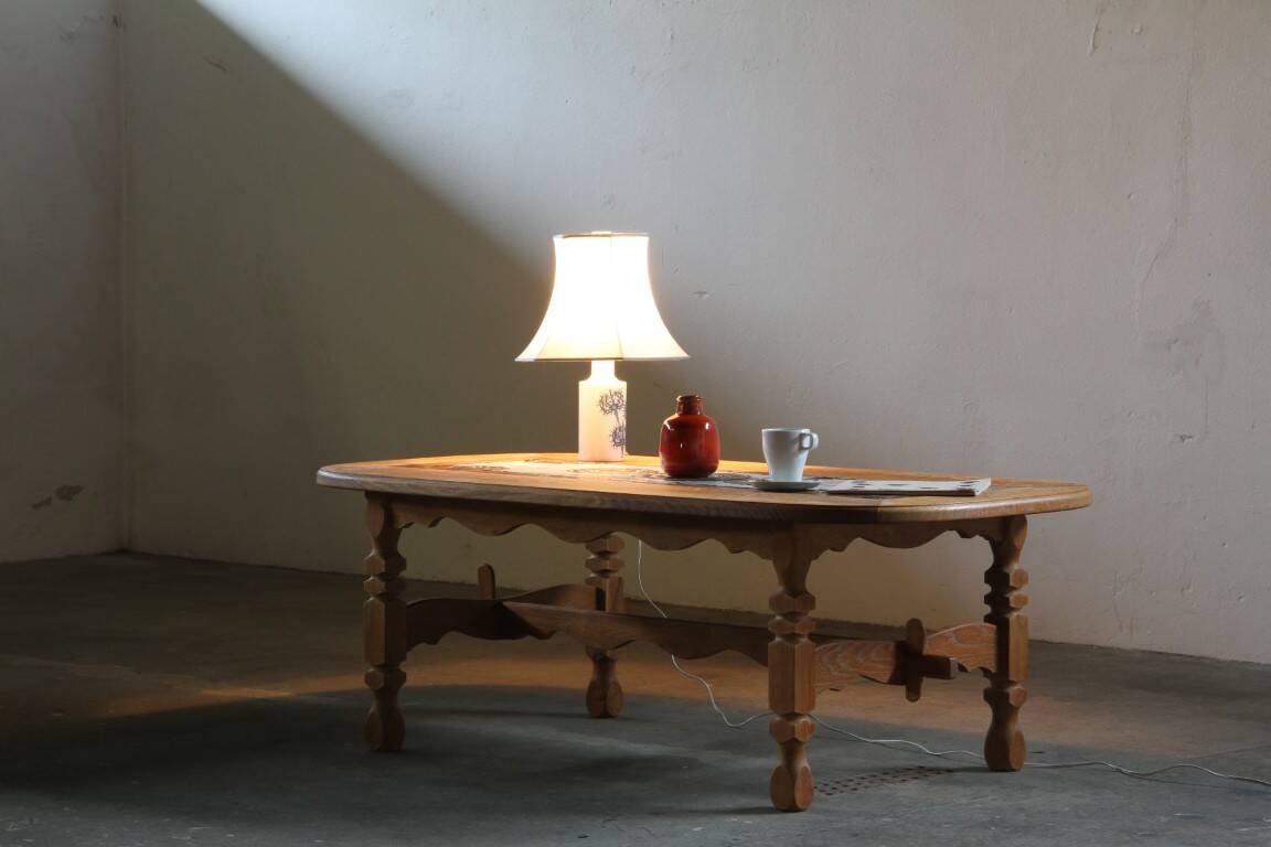 Vintage Danish brutalist oak & tile coffee table in the style of Henning Kjærnulf, 1960s
