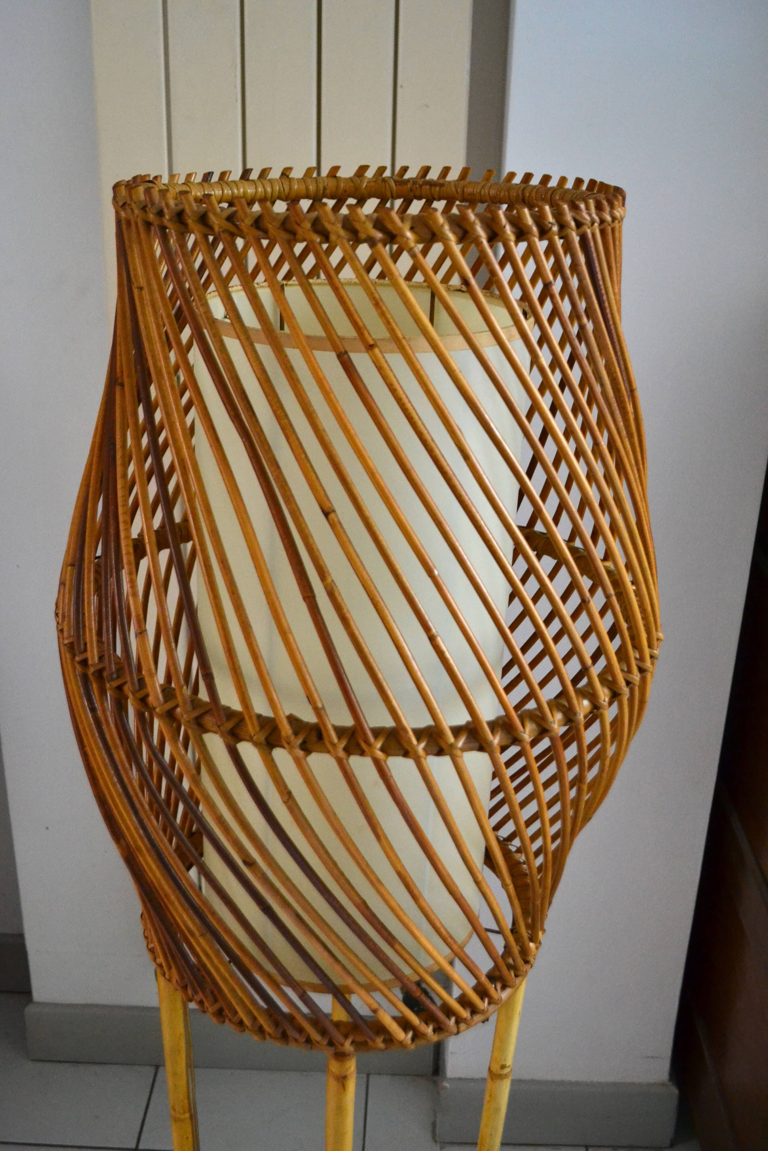 Bamboo rattan floor lamp from the 1960s in the Audoux Minet style.