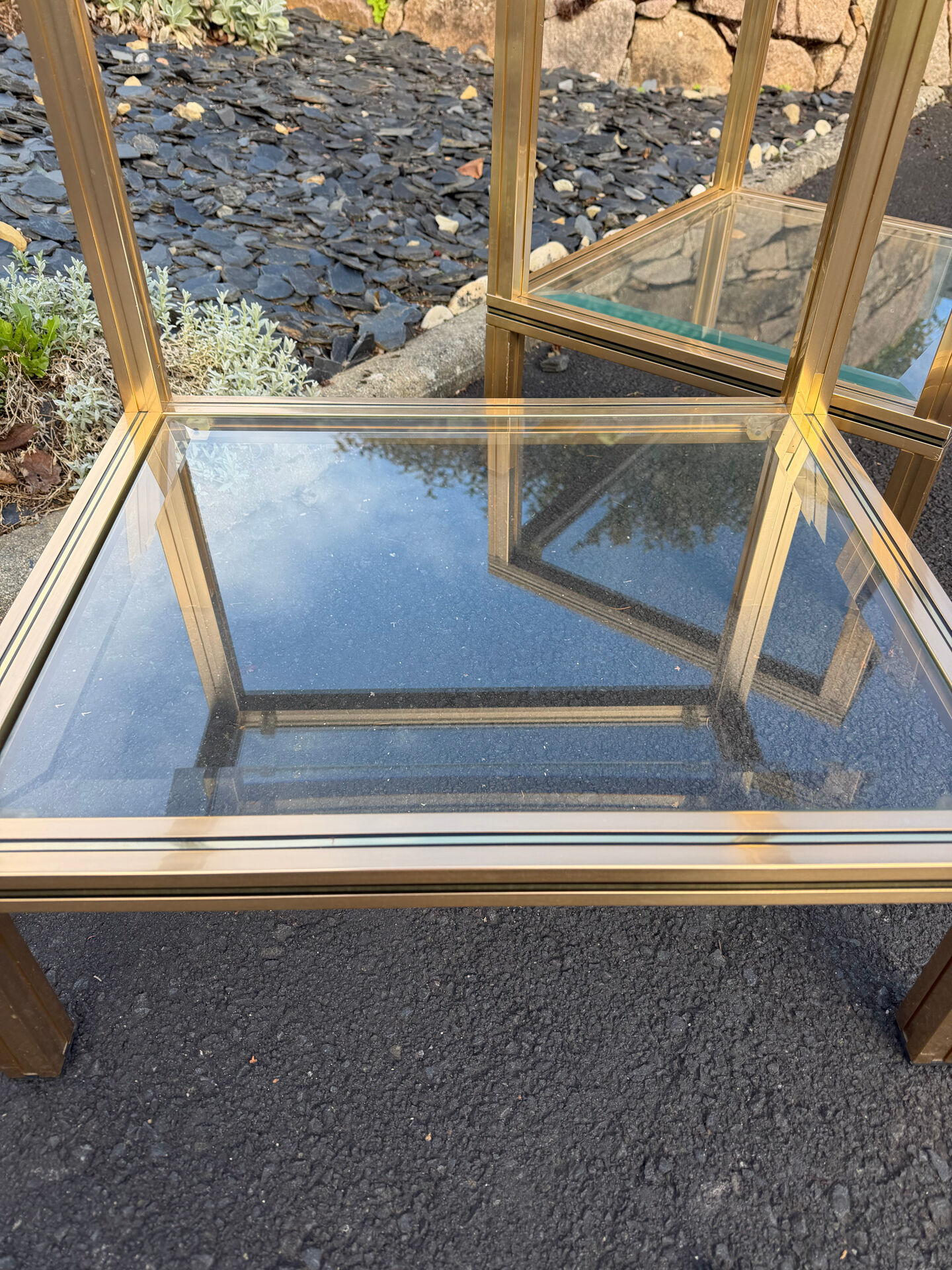 Pair of side tables Pierre Vandel Paris, gold metal and glass, year