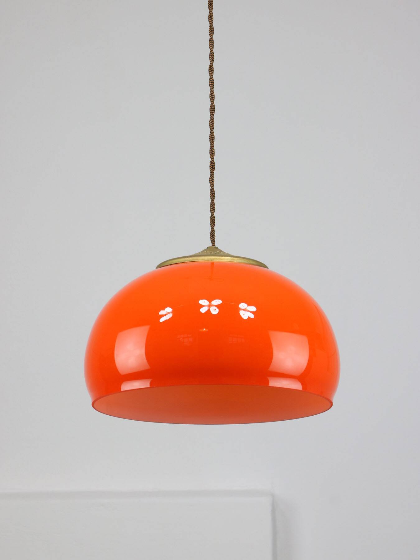 Mid-Century Italian Orange Glass and Brass Pendant Lamp