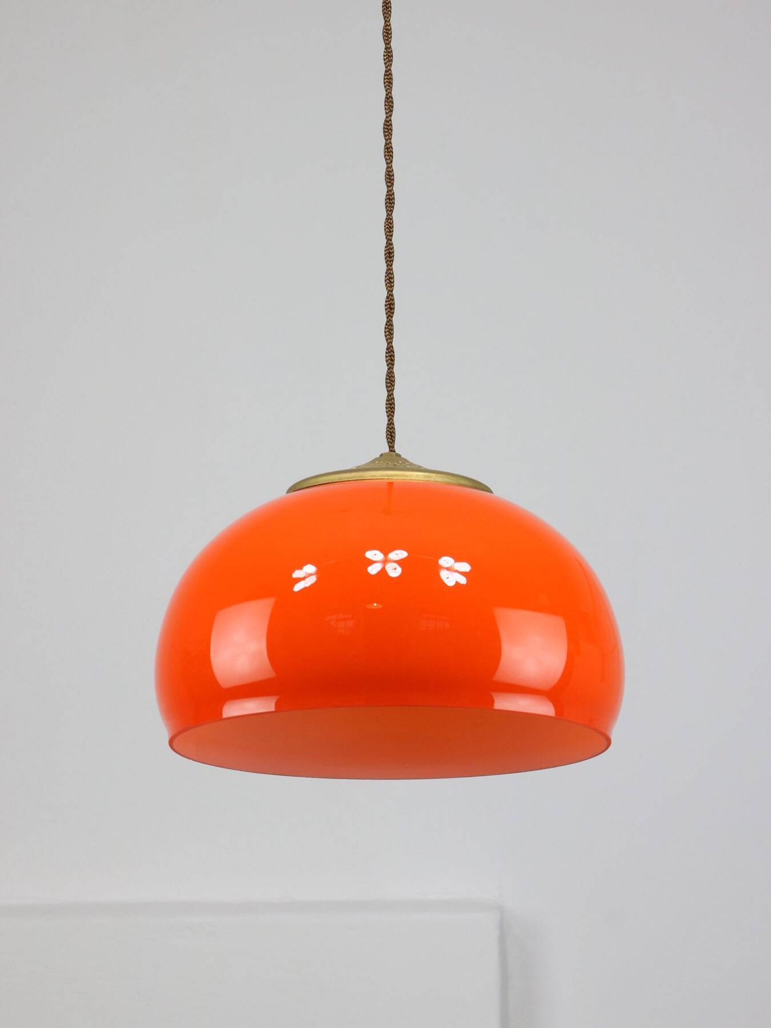 Mid-Century Italian Orange Glass and Brass Pendant Lamp