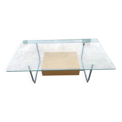 Table basse tubulaire en verre et bois, 1 tiroir, Ikea 1990
