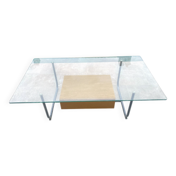 Tubular coffee table in glass and wood, 1 drawer, Ikea 1990