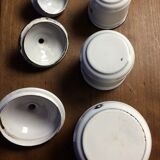 Enamelled kitchen coffee maker, ladle holder, spice jars set