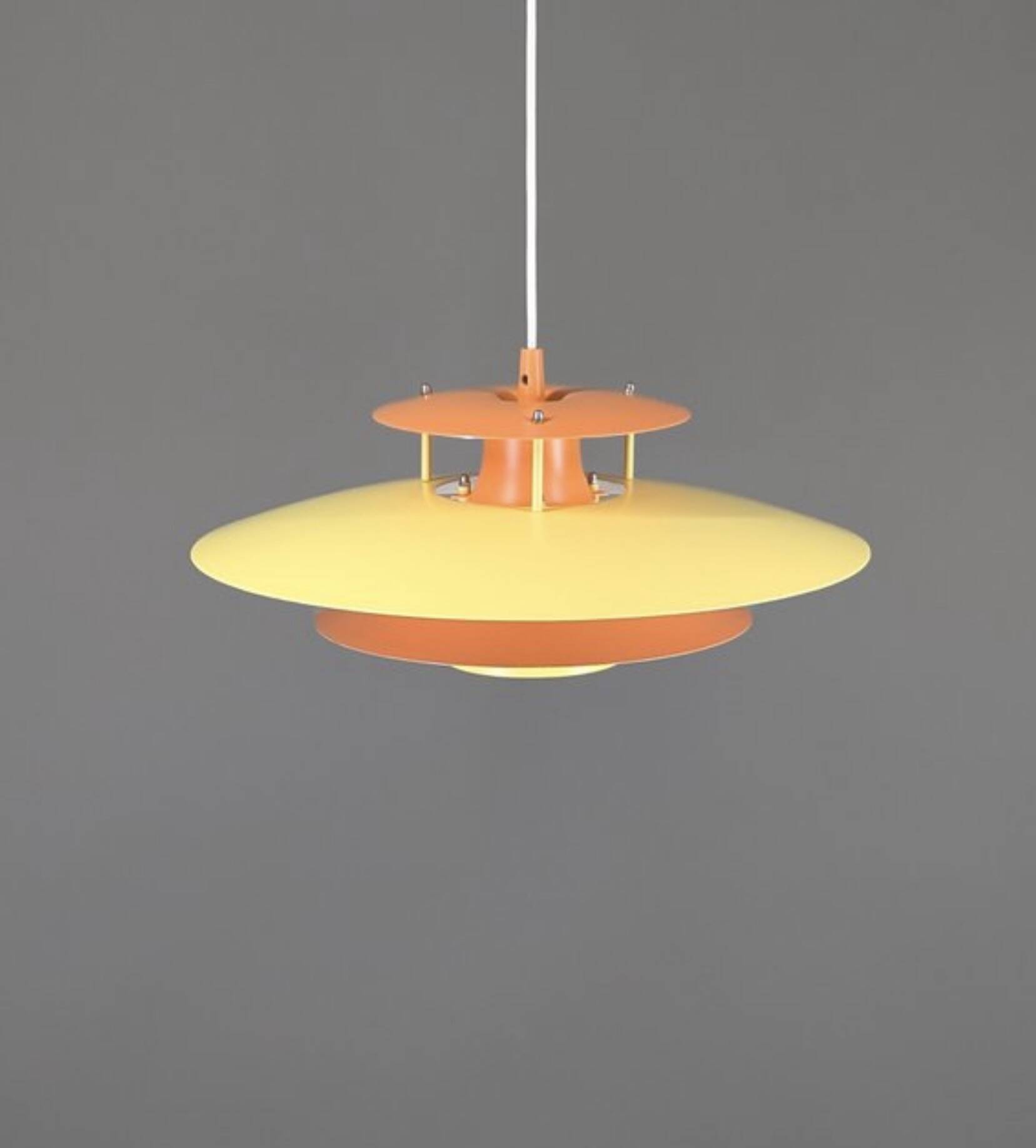 Vintage Danish metal pendant light in orange and yellow – 1970s