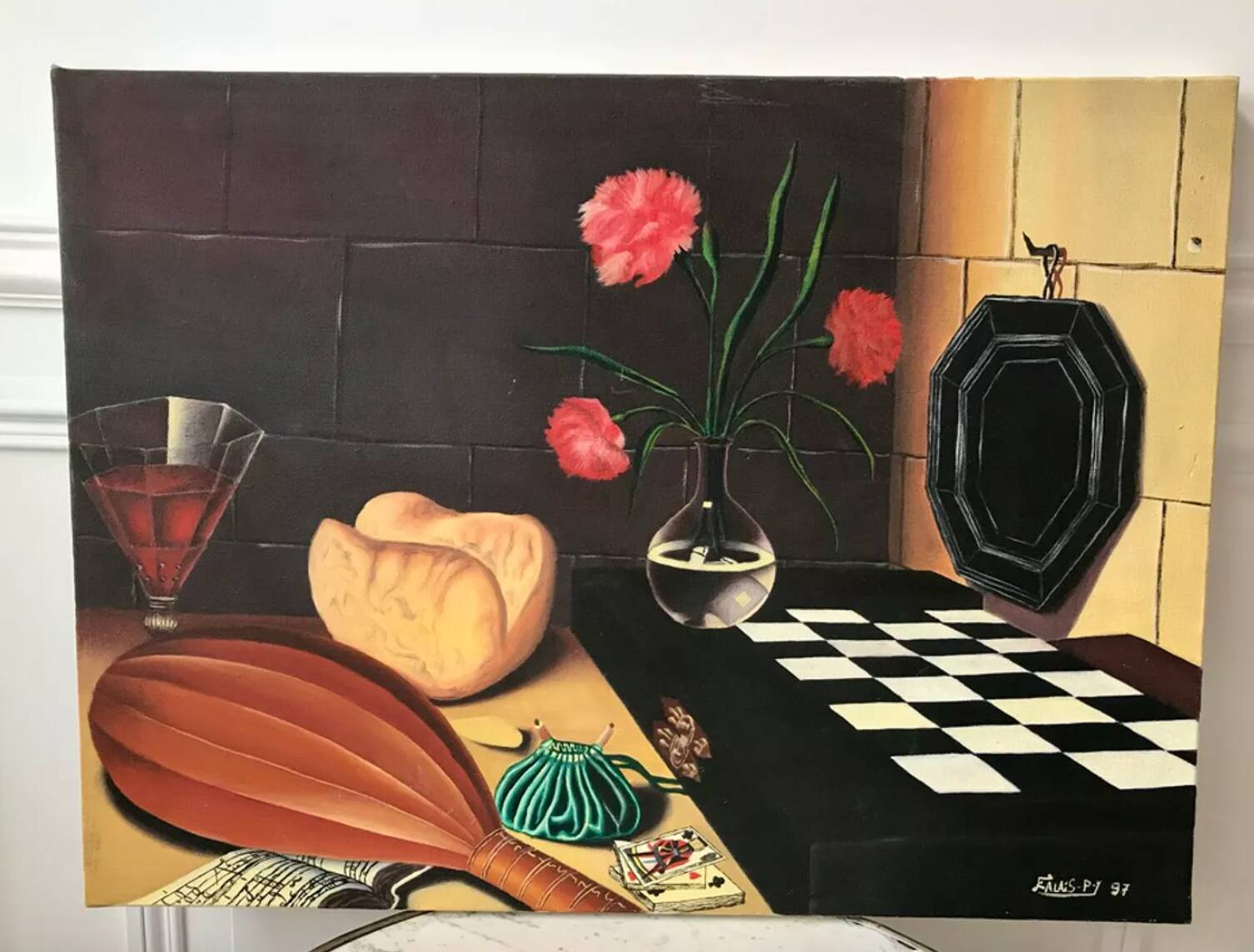 Oil painting on canvas still life with chessboard