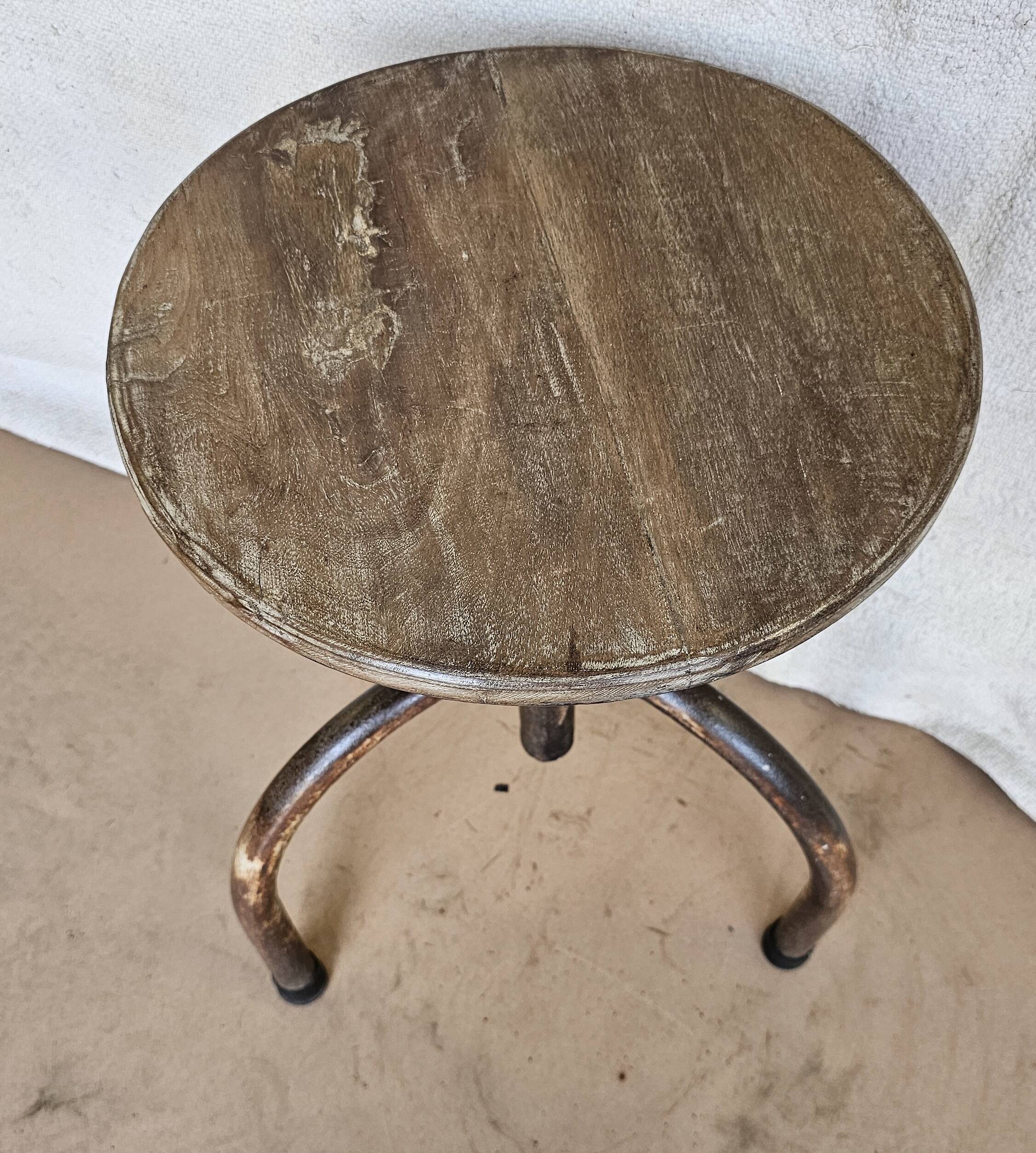 Old workshop stool in teak + wrought iron