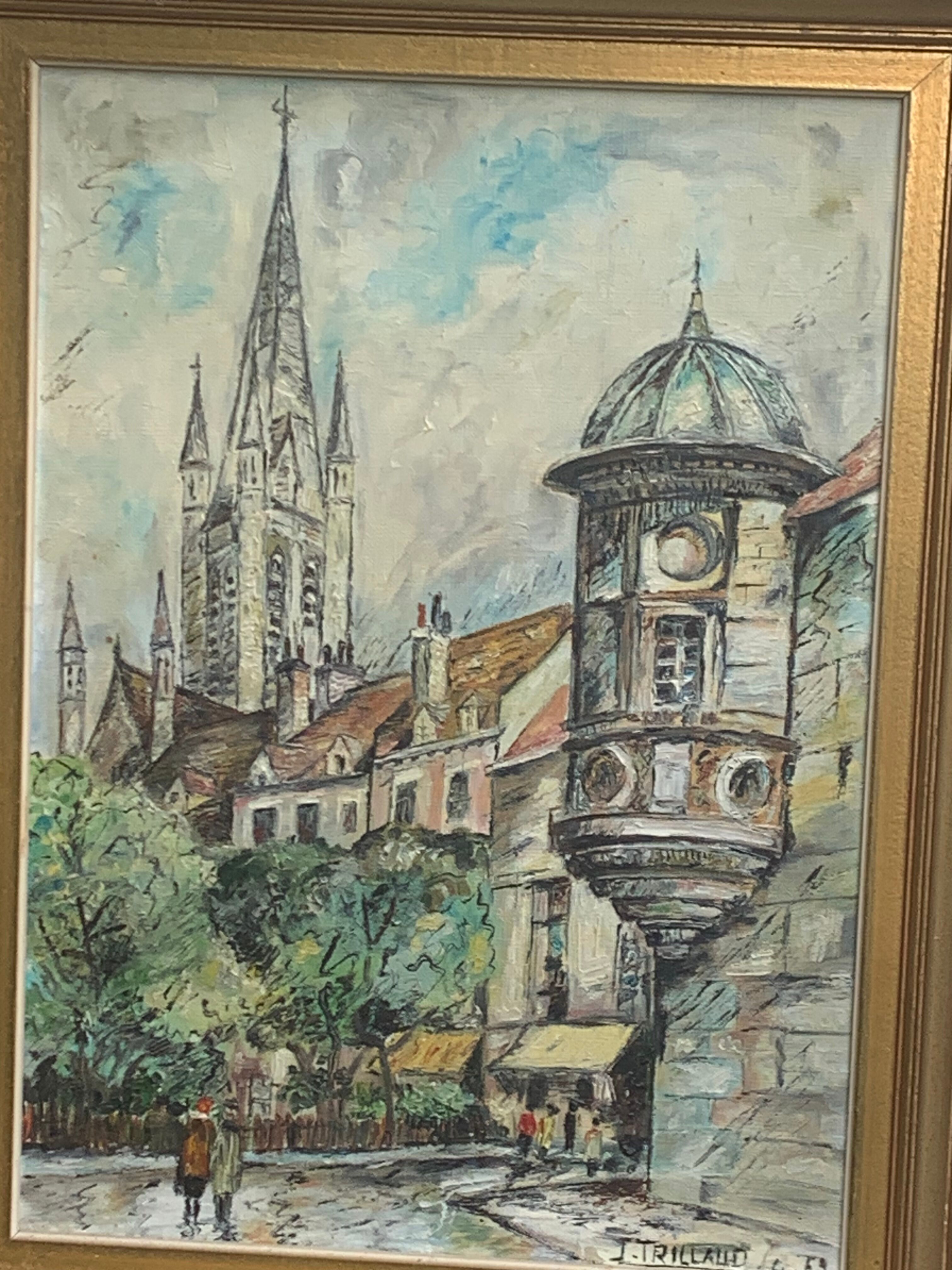 Painting signed J.Trillaut city scene framed vintage canvas 1969