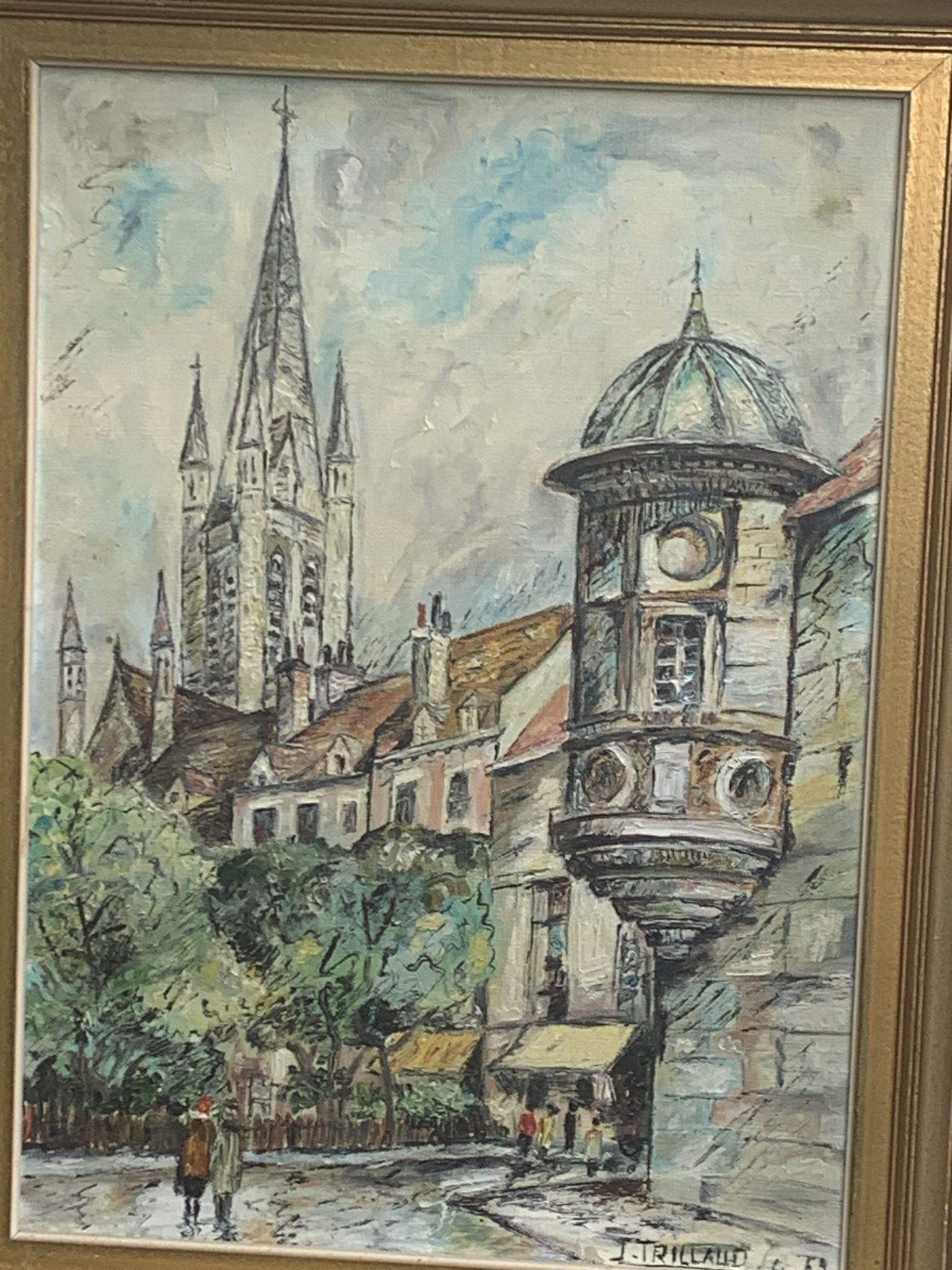 Painting signed J.Trillaut city scene framed vintage canvas 1969