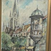Painting signed J.Trillaut city scene framed vintage canvas 1969