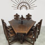 Spanish design vintage brutalist oak dining set chairs & table