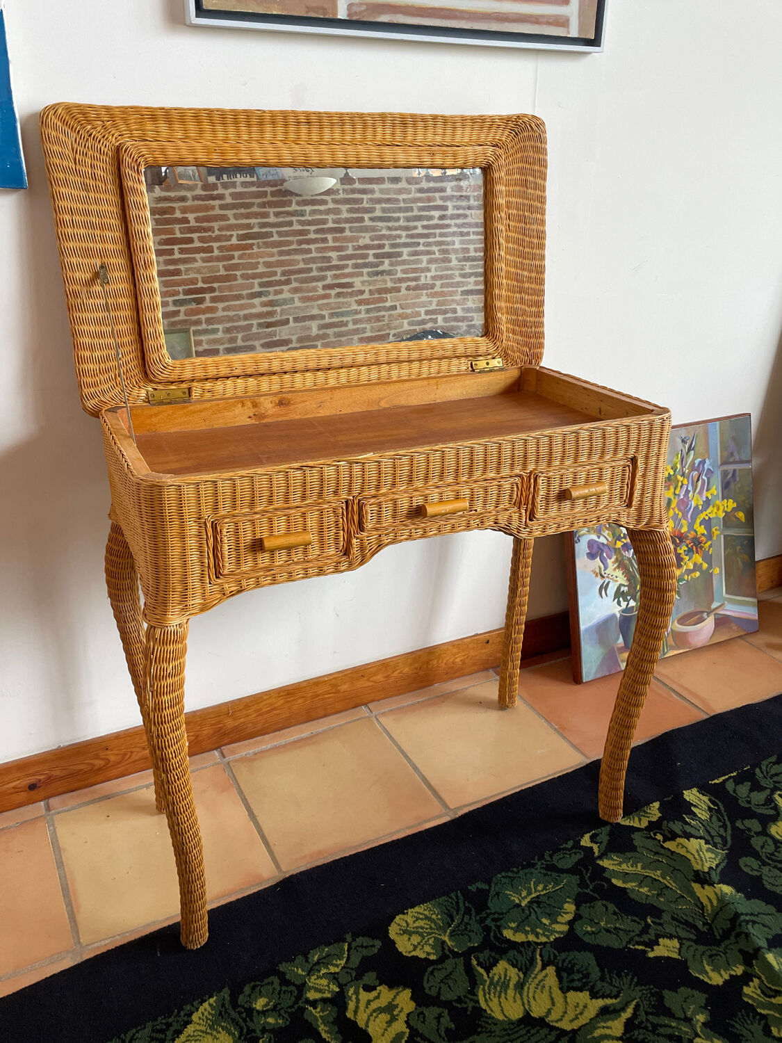 Rattan console desk with curved legs, 1970s