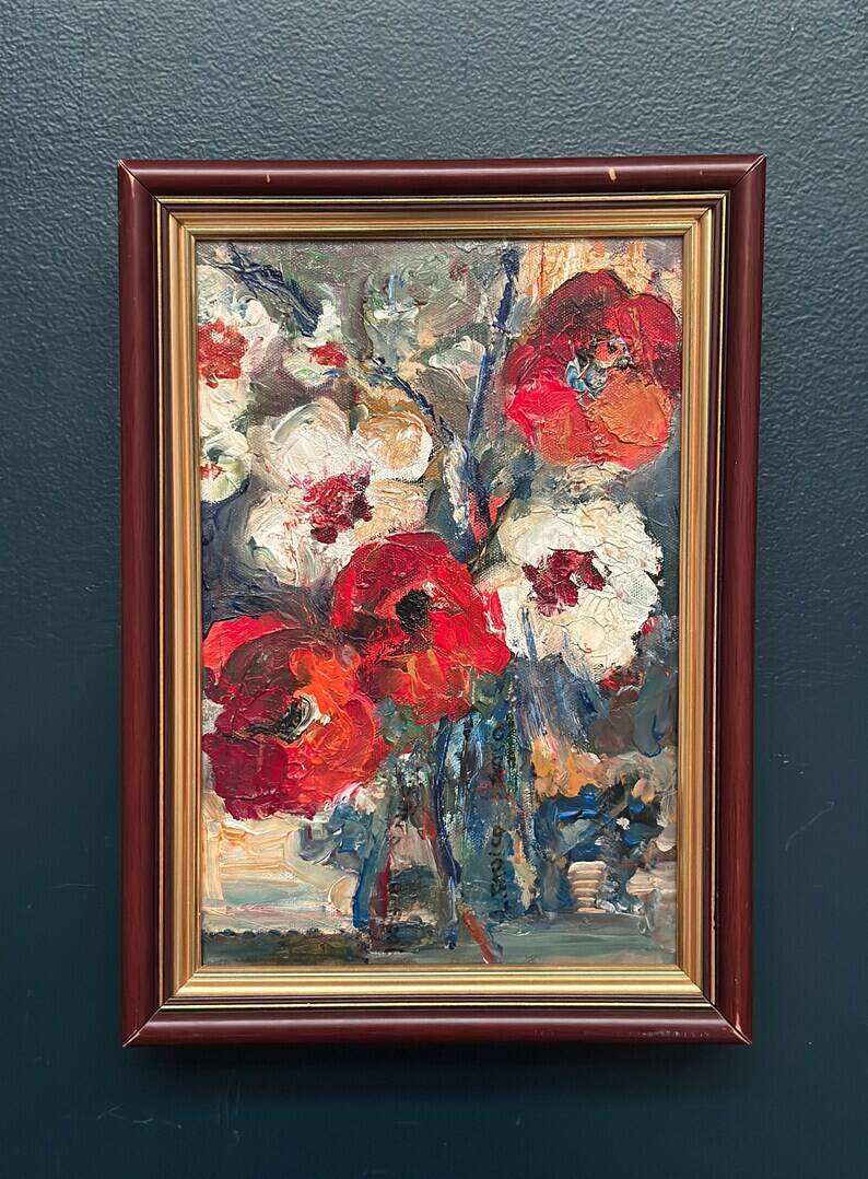 Swedish Oil on Canvas“Red Poppies and White Blossoms” by L. Stokes, Vintage