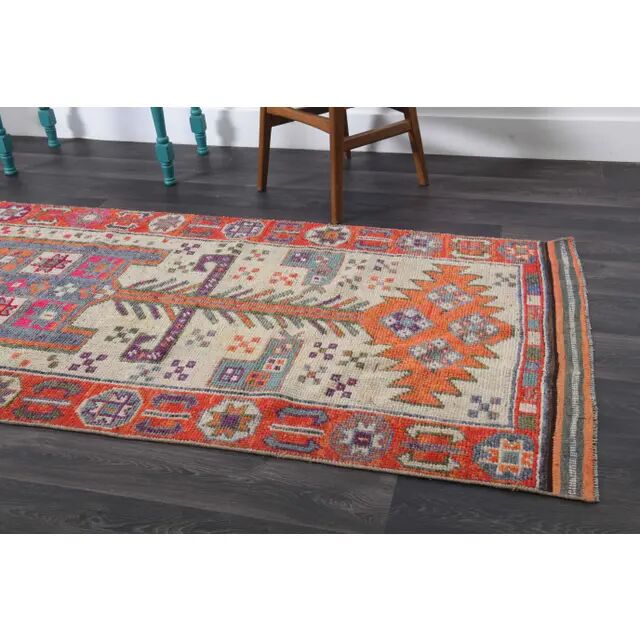 Vintage Turkish hand-knotted wool cotton beige runner rug  114x362