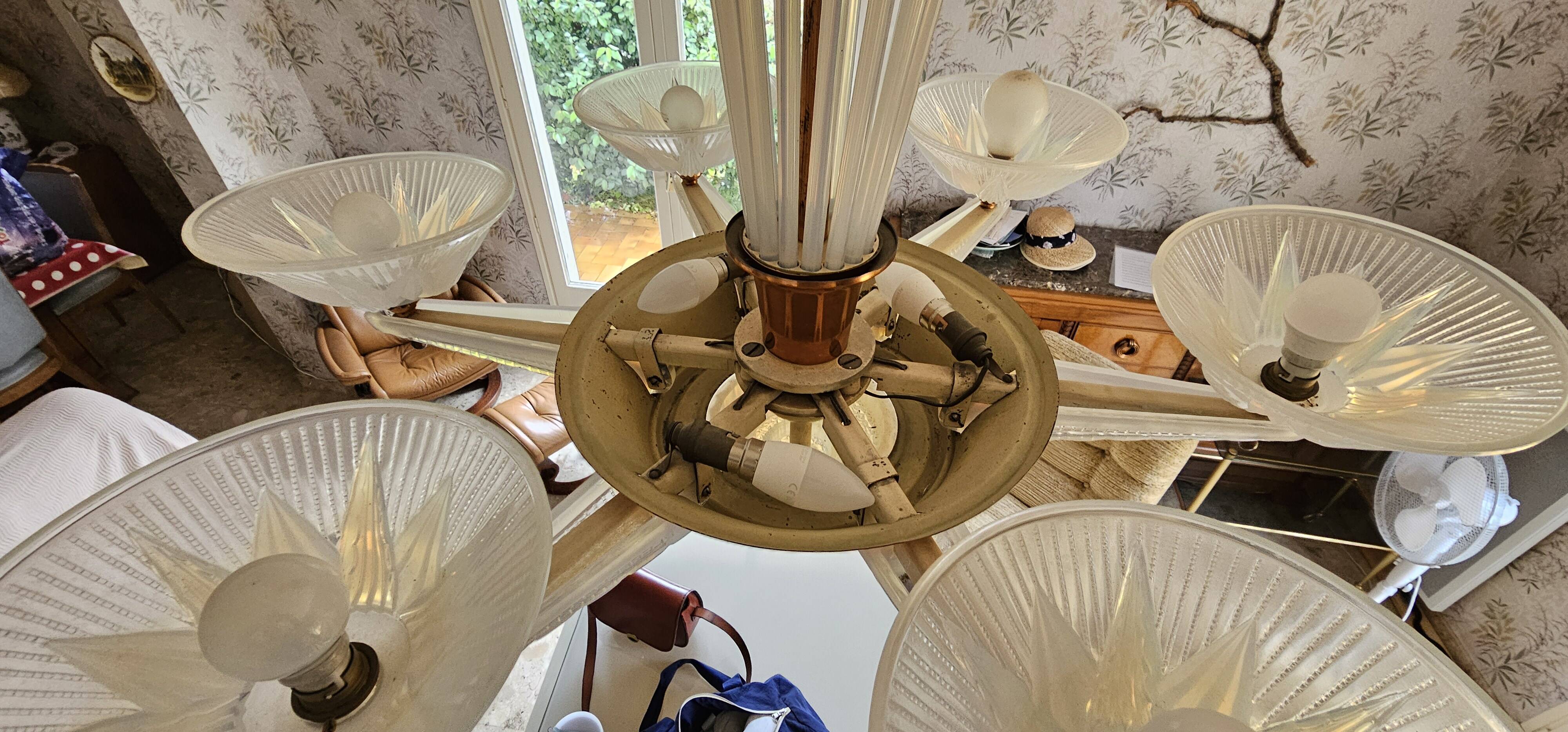 Art Deco chandelier by H.Petitot and Jean Gauthier in copper-plated metal and opal glass