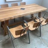 Brutalist Aranjou style table in elm and 6 Stella chairs.