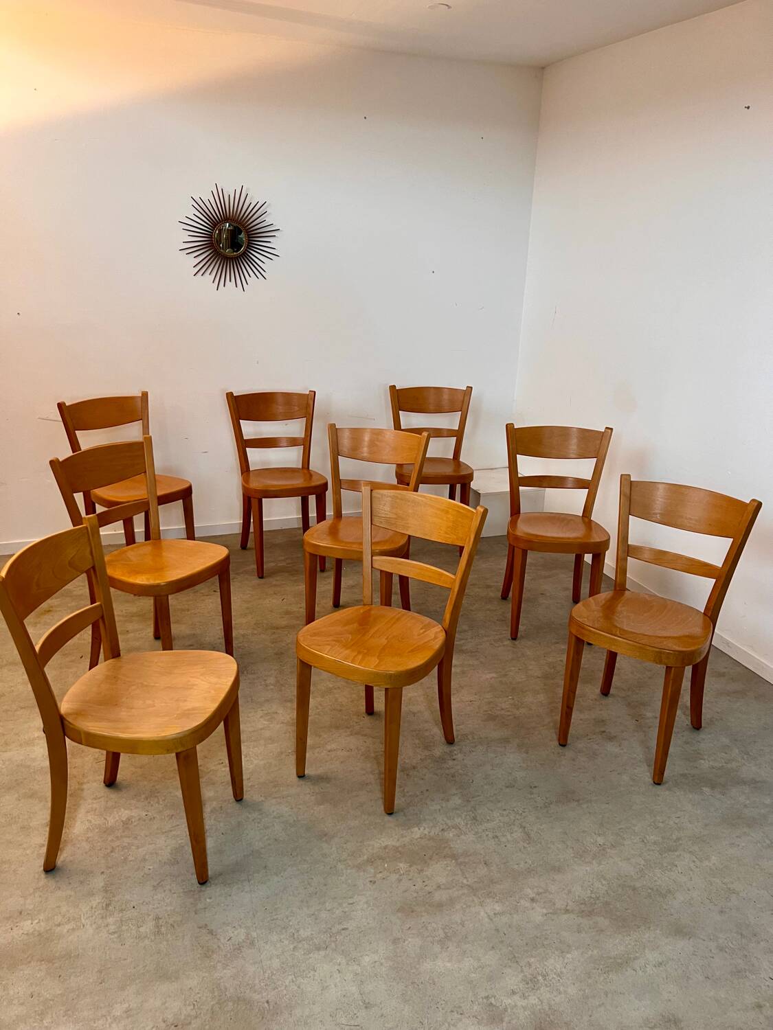 Set of 9 vintage wooden bistro chairs designed by Horgen Glarus