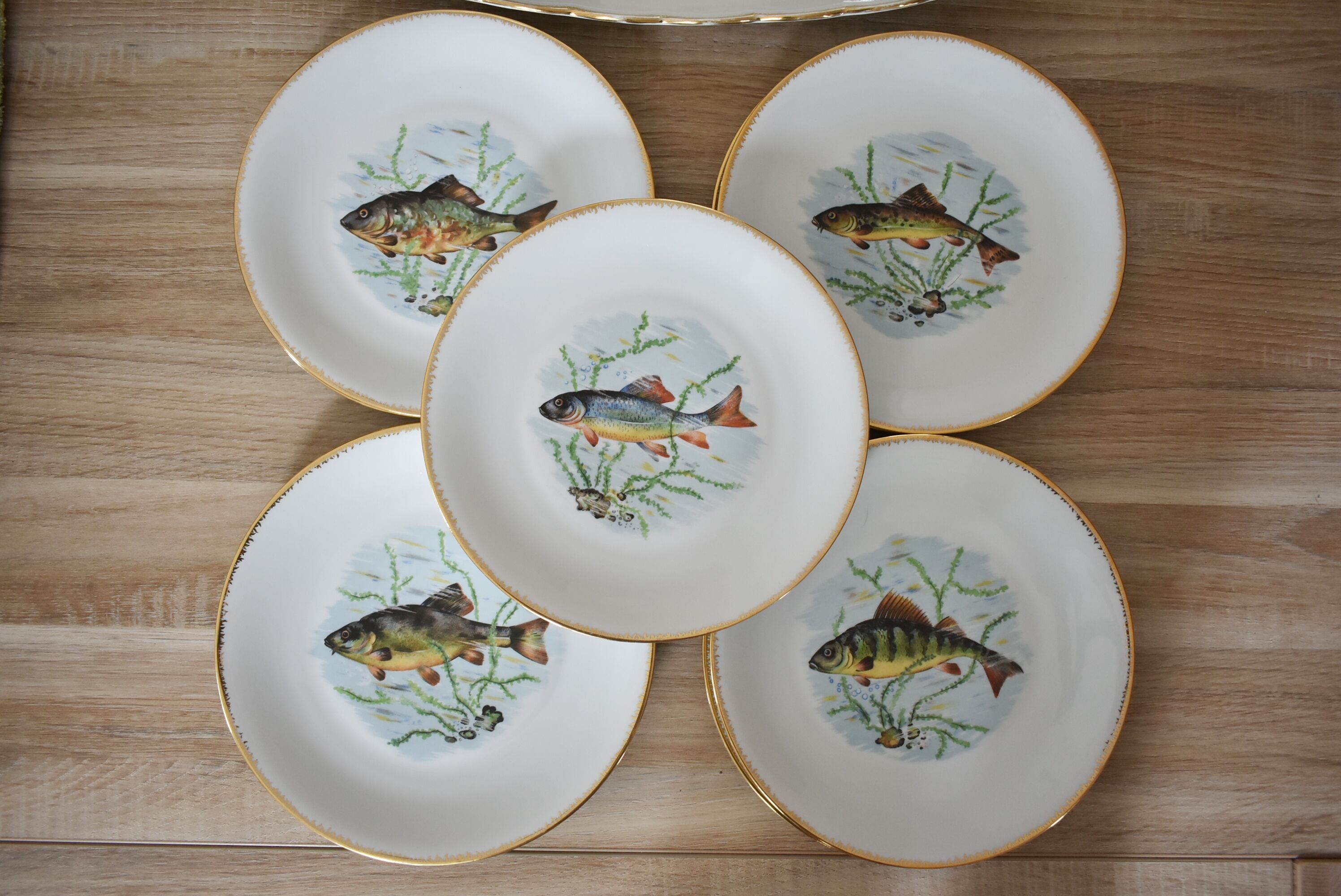 Rare: fish set 11 pieces, Société Française de Porcelaine