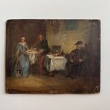 Oil on panel tavern scene monogram BC 19th century