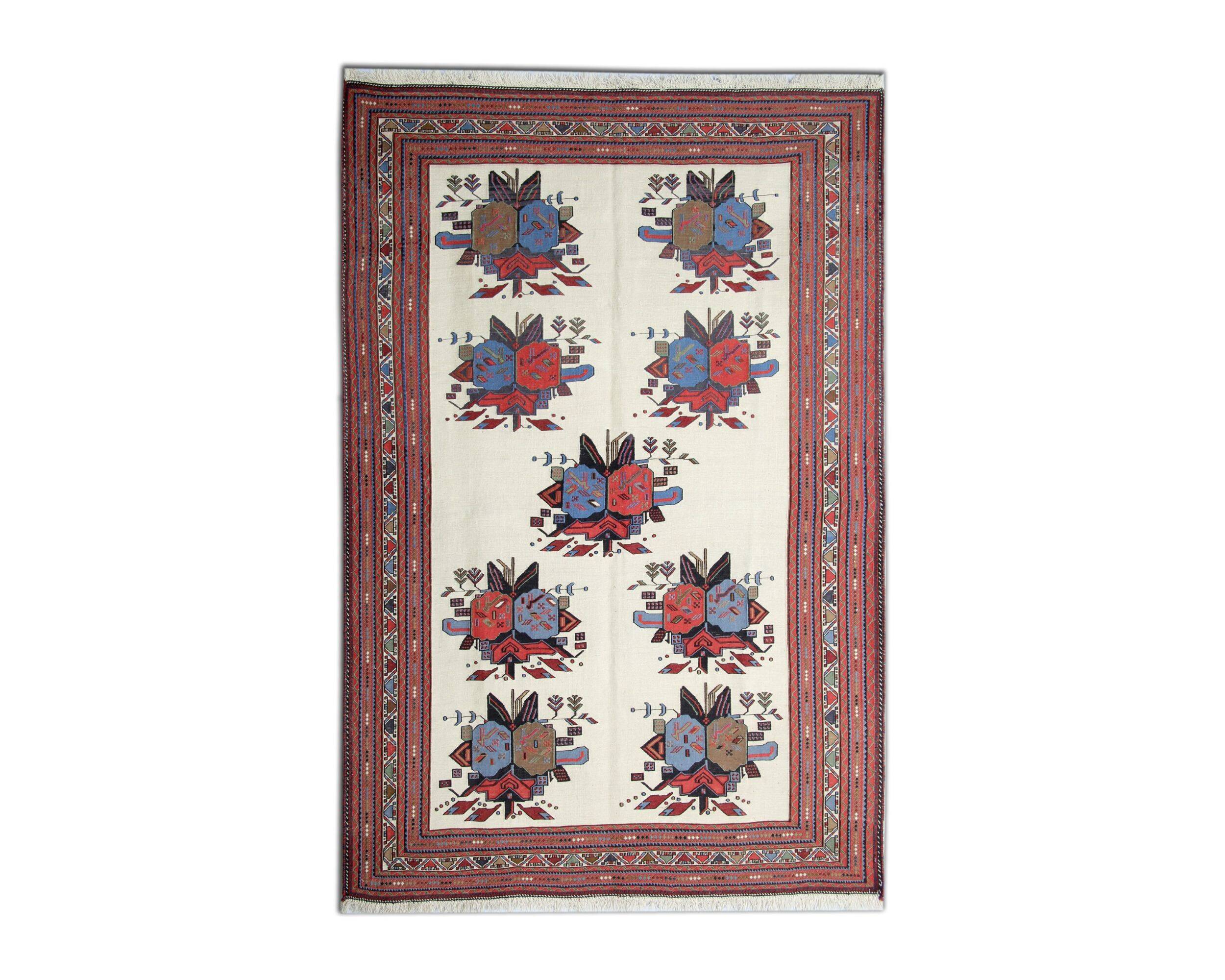 Afshar Sumakh Kilim Rug Cream Floral Design Handmade Wool 212x120cm