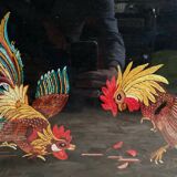 Old tapestry canvas g. perrin roosters signed + wooden frame #b549