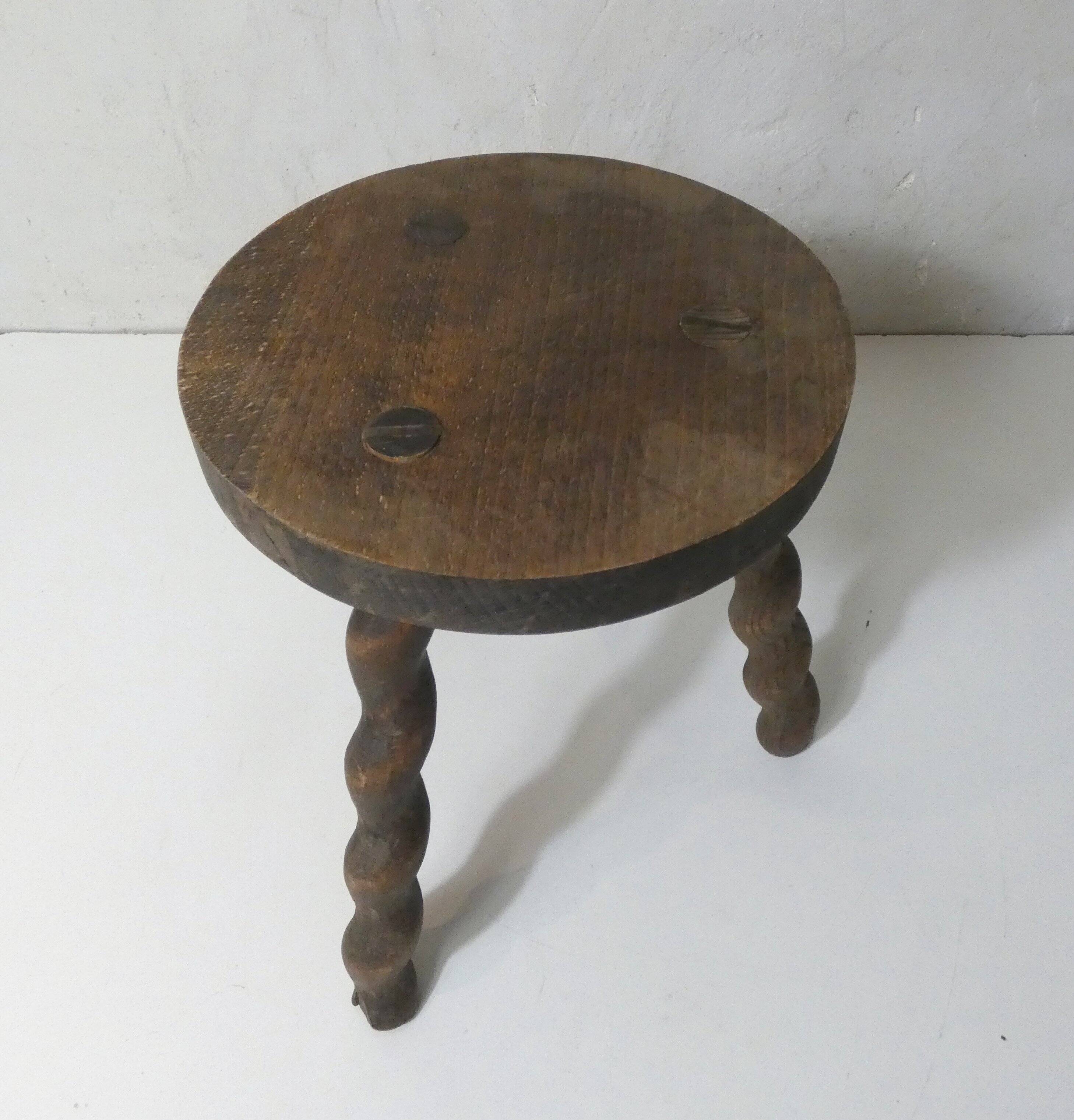 antique solid wood stool with twisted legs