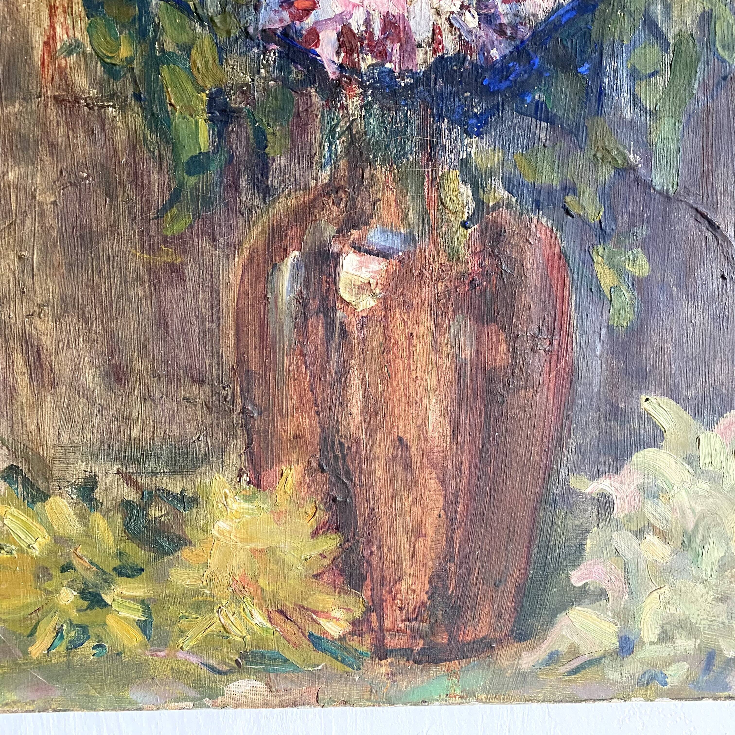 Oil on ancient canvas, still life bouquet of flowers