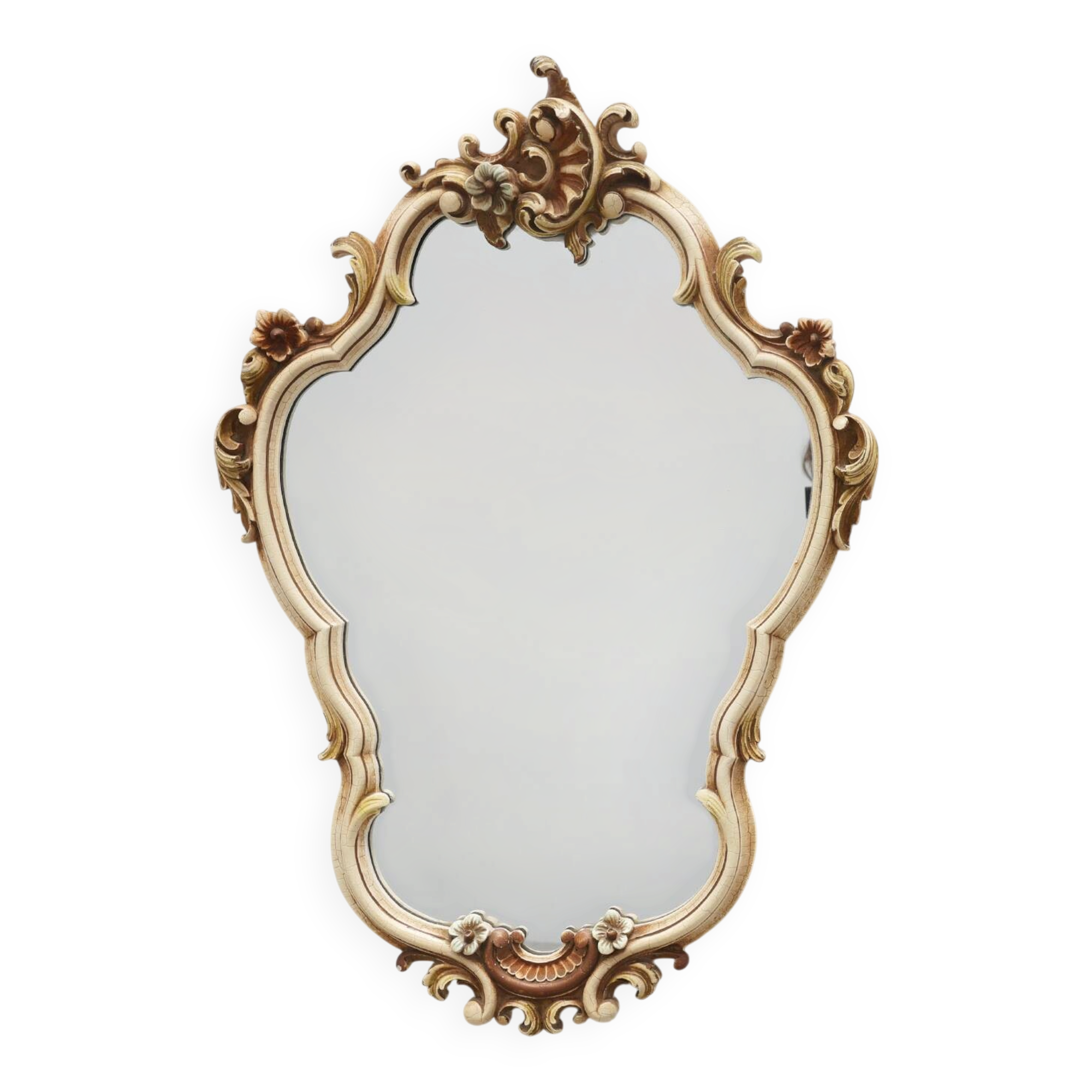 Italian Rococo Style Cream and Gilt Wall Mirror with Shell Crest, 20th Cent